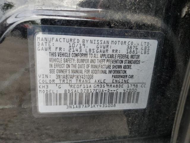 3N1AB7AP1KY431008 - 2019 NISSAN SENTRA S BLACK photo 12