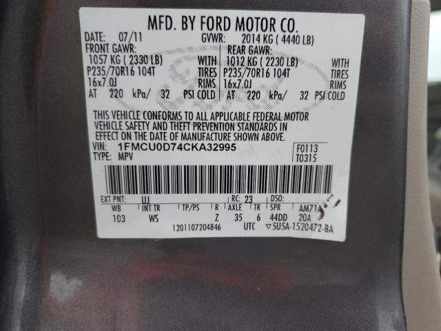 1FMCU0D74CKA32995 - 2012 FORD ESCAPE XLT GRAY photo 12