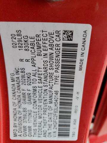 2HGFC2F83LH540146 - 2020 HONDA CIVIC SPORT 红色 照片 12