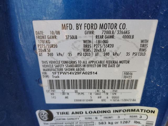 1FTPW14V29FA02514 - 2009 FORD F150 SUPERCREW BLUE photo 12