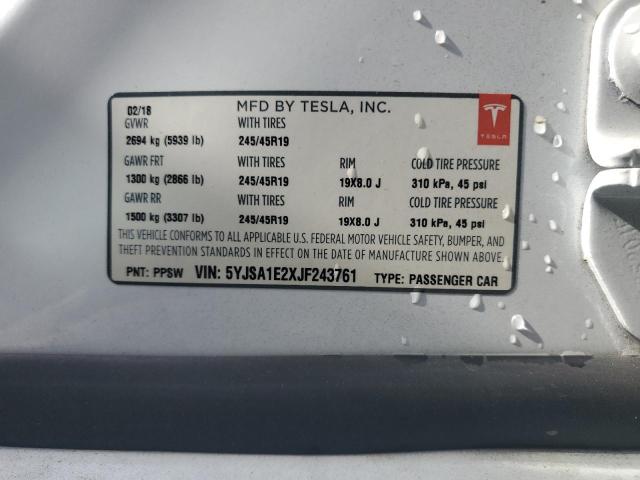 5YJSA1E2XJF243761 - 2018 TESLA MODEL S თეთრი ფოტო 12