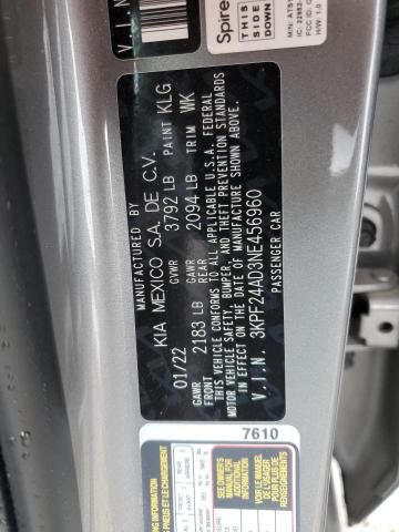 3KPF24AD3NE456960 - 2022 KIA FORTE FE CHARCOAL photo 12