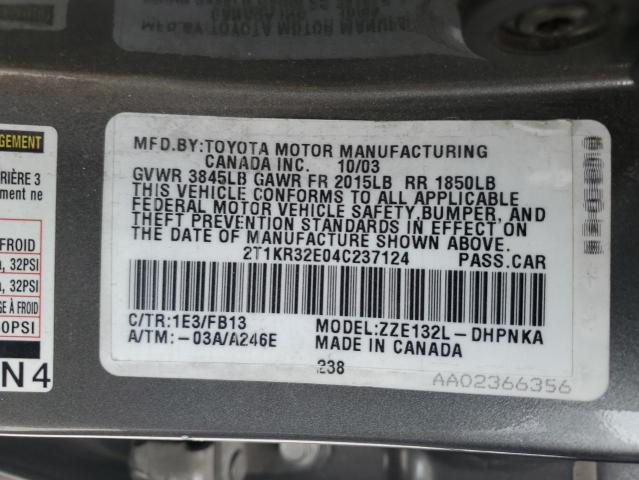 2T1KR32E04C237124 - 2004 TOYOTA COROLLA MA XR GRAY photo 12