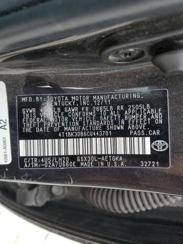 4T1BK3DB6CU443701 - 2012 TOYOTA AVALON BASE 黑色 照片 12