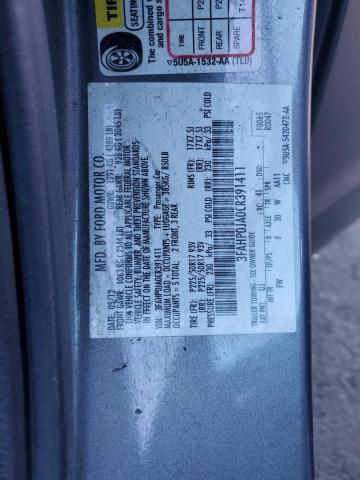 3FAHP0JA0CR391411 - 2012 FORD FUSION SEL GRAY photo 12