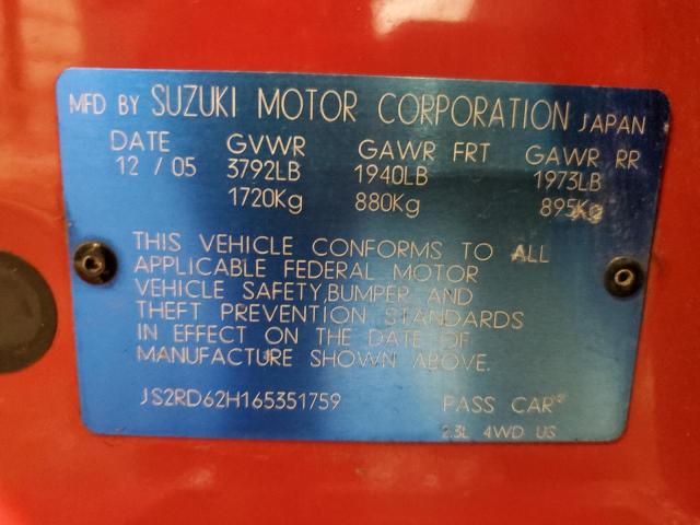 JS2RD62H165351759 - 2006 SUZUKI AERIO RED photo 12