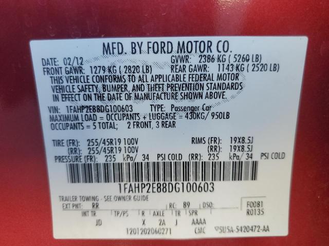 1FAHP2E88DG100603 - 2013 FORD TAURUS SEL BURGUNDY photo 12