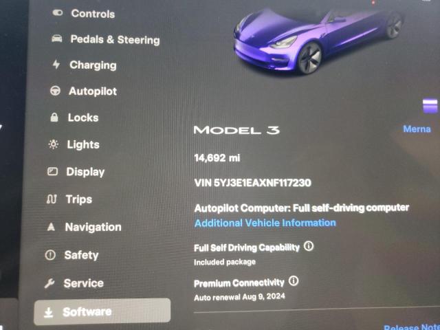 5YJ3E1EAXNF117230 - 2022 TESLA MODEL 3 BLACK photo 9