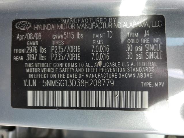 5NMSG13D38H208779 - 2008 HYUNDAI SANTA FE GLS SILVER photo 12