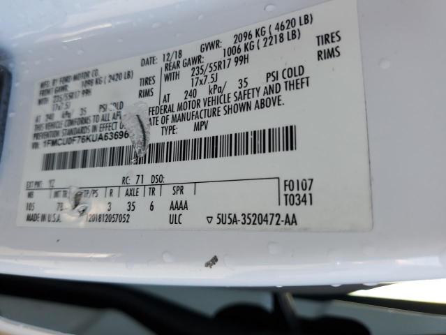 1FMCU0F76KUA63696 - 2019 FORD ESCAPE S WHITE photo 12