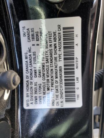 2HGFC1F33GH645869 - 2016 HONDA CIVIC EX BLACK photo 12