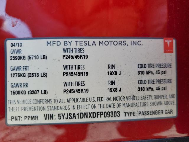 5YJSA1DNXDFP09303 - 2013 TESLA MODEL S RED photo 12