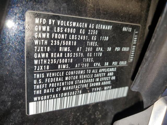 WVGBV7AX1DW508278 - 2013 VOLKSWAGEN TIGUAN S BLACK photo 12