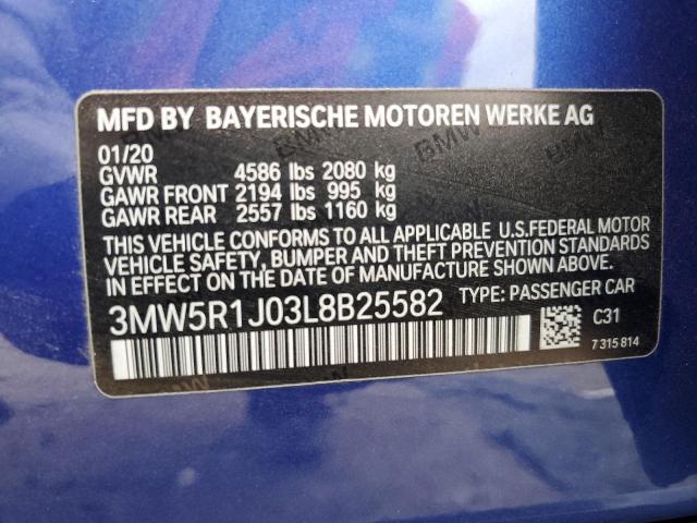 3MW5R1J03L8B25582 - 2020 BMW 330I BLUE photo 12