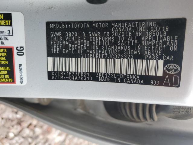 2T1BURHE7JC072323 - 2018 TOYOTA COROLLA L SILVER photo 12