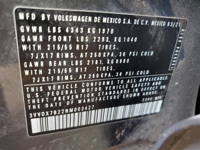 3VVDX7B22NM003427 - 2022 VOLKSWAGEN TAOS S GRAY photo 12