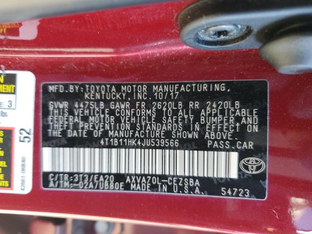 4T1B11HK4JU539566 - 2018 TOYOTA CAMRY L RED photo 12