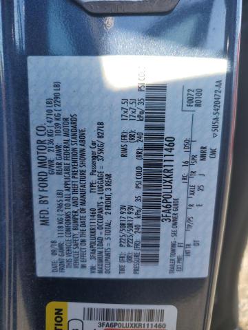 3FA6P0LUXKR111460 - 2019 FORD FUSION SE BLUE photo 13