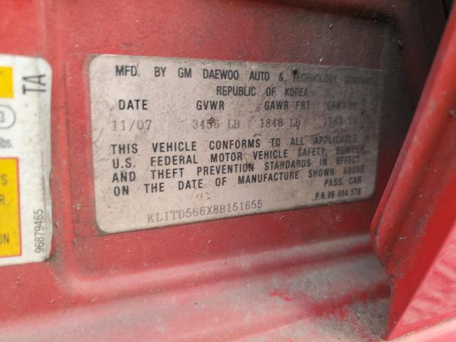KL1TD566X8B151655 - 2008 CHEVROLET AVEO BASE Qırmızı foto 12