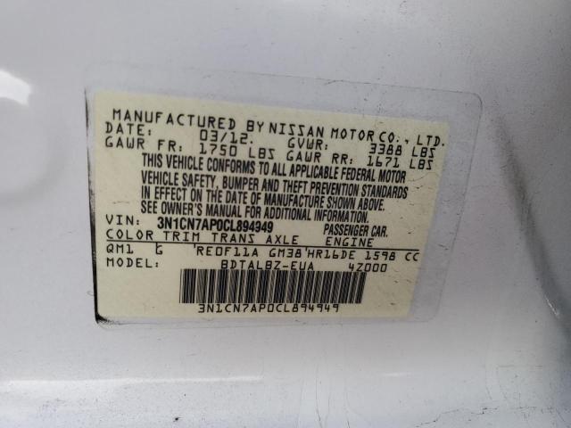 3N1CN7AP0CL894949 - 2012 NISSAN VERSA S WHITE photo 12