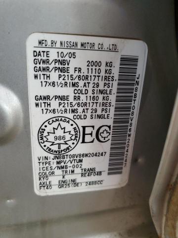 JN8BT08V86W204247 - 2006 NISSAN X-TRAIL XE SILVER photo 13