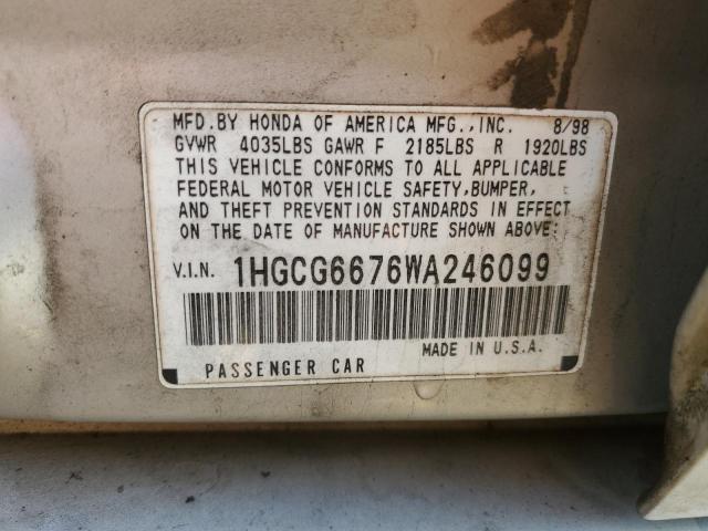 1HGCG6676WA246099 - 1998 HONDA ACCORD EX Gümüş foto 12