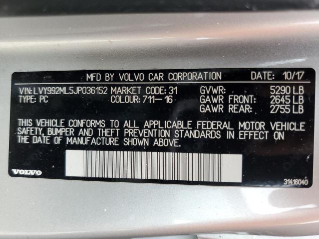 LVY992ML5JP036152 - 2018 VOLVO S90 T6 INSCRIPTION SILVER photo 12