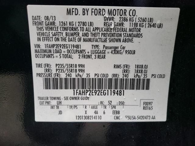 1FAHP2E92EG119481 - 2014 FORD TAURUS SEL BLACK photo 12