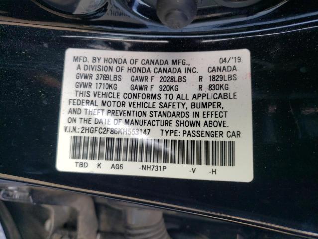 2HGFC2F86KH553147 - 2019 HONDA CIVIC SPORT შავი ფოტო 12