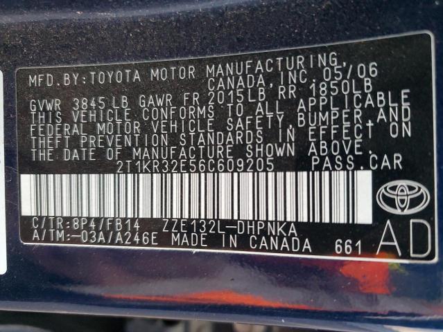 2T1KR32E56C609205 - 2006 TOYOTA COROLLA MA XR BLUE photo 12