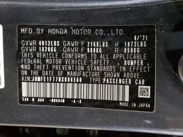 JHMFE1F77NX006560 - 2022 HONDA CIVIC EX BLUE photo 12