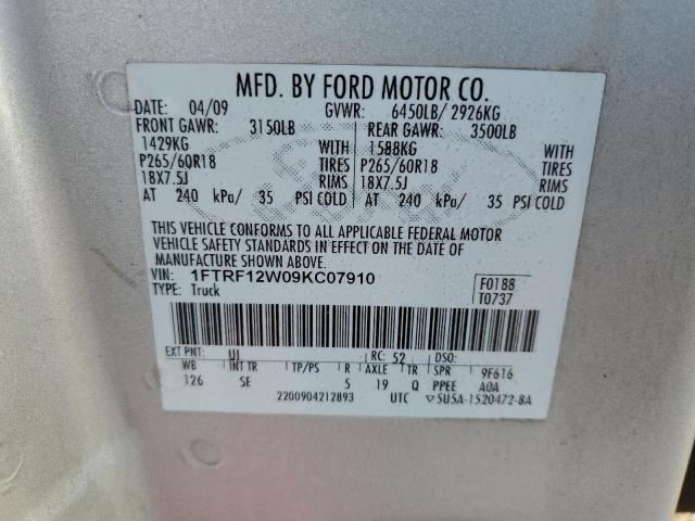 1FTRF12W09KC07910 - 2009 FORD F150 SILVER photo 12