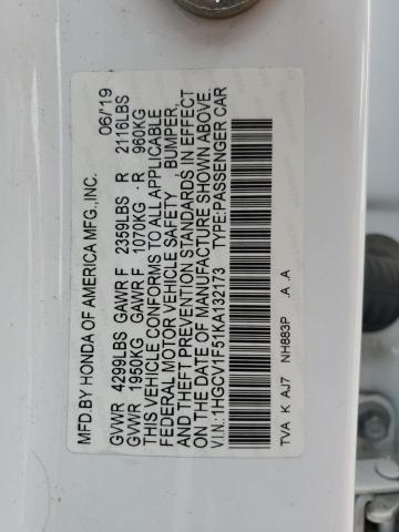 1HGCV1F51KA132173 - 2019 HONDA ACCORD EXL WHITE photo 12