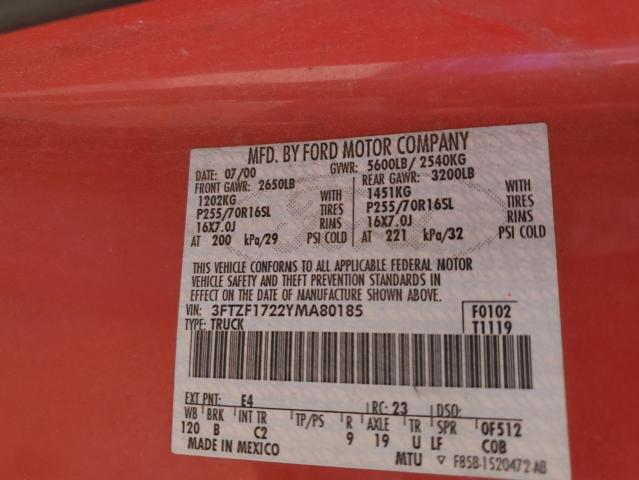 3FTZF1722YMA80185 - 2000 FORD F150 RED photo 12