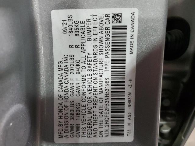 2HGFE2F53NH531966 - 2022 HONDA CIVIC SPORT SILVER photo 12