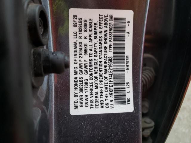 19XFC1F74LE219583 - 2020 HONDA CIVIC EXL Grafit foto 12