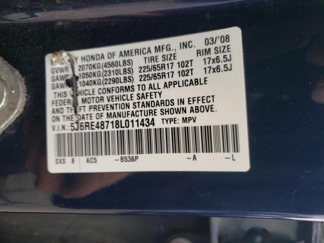 5J6RE48718L011434 - 2008 HONDA CR-V EXL BLUE photo 13