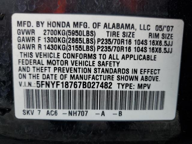 5FNYF18767B027482 - 2007 HONDA PILOT EXL BLACK photo 13