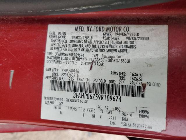 3FAHP06Z59R109674 - 2009 FORD FUSION S RED photo 12