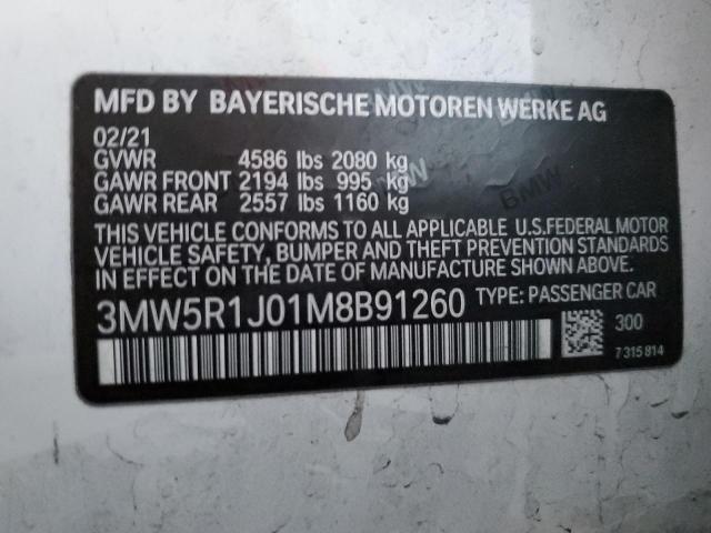 3MW5R1J01M8B91260 - 2021 BMW 330I WHITE photo 12