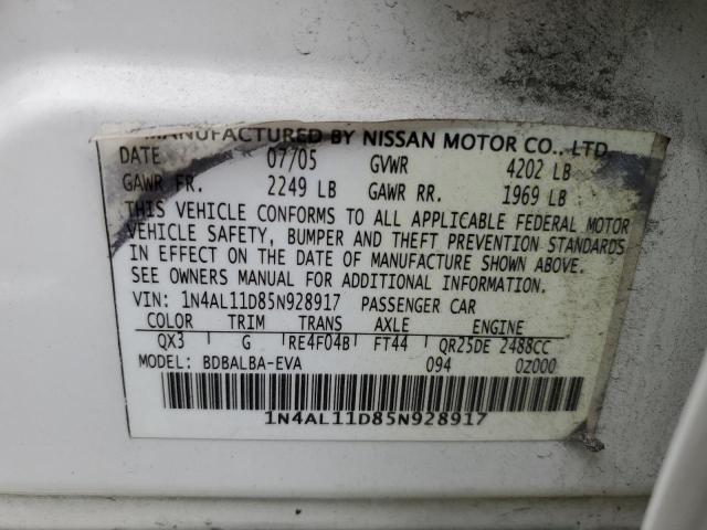 1N4AL11D85N928917 - 2005 NISSAN ALTIMA S WHITE photo 12