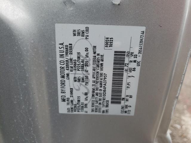 1FTYR10D84PA37957 - 2004 FORD RANGER SILVER photo 12