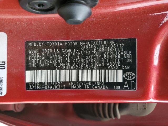 2T1BURHE7HC932280 - 2017 TOYOTA COROLLA L RED photo 13