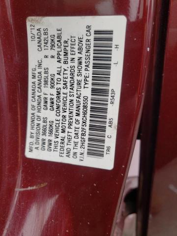 2HGFB2F5XCH608550 - 2012 HONDA CIVIC LX BURGUNDY photo 12