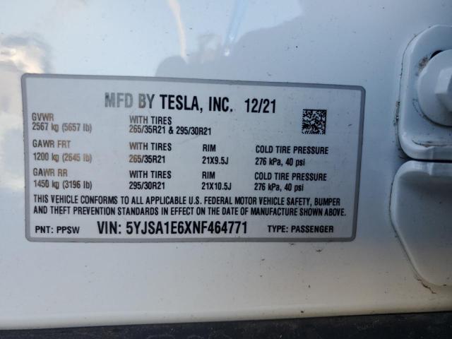 5YJSA1E6XNF464771 - 2022 TESLA MODEL S WHITE photo 12
