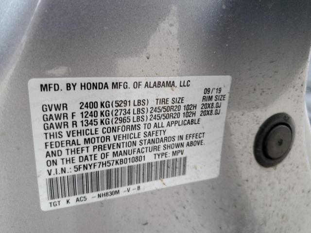 5FNYF7H57KB010801 - 2019 HONDA PASSPORT EXL SILVER photo 14