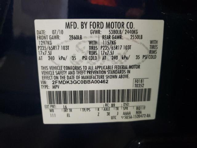 2FMDK3GC0BBA00462 - 2011 FORD EDGE SE BLUE photo 12