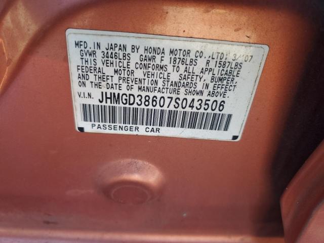 JHMGD38607S043506 - 2007 HONDA FIT S ORANGE photo 12