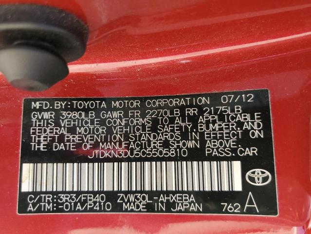 JTDKN3DU5C5505810 - 2012 TOYOTA PRIUS RED photo 14