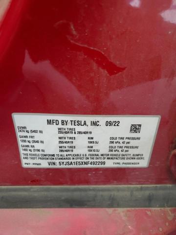 5YJSA1E5XNF492299 - 2022 TESLA MODEL S RED photo 13